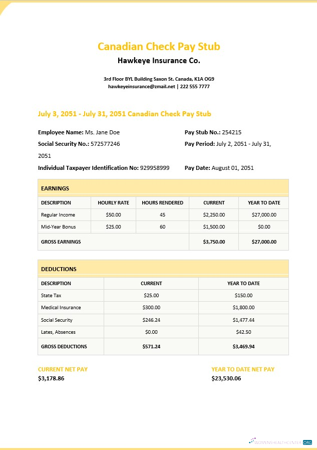 Download Canadian Check Pay Stub Template Photoshop template